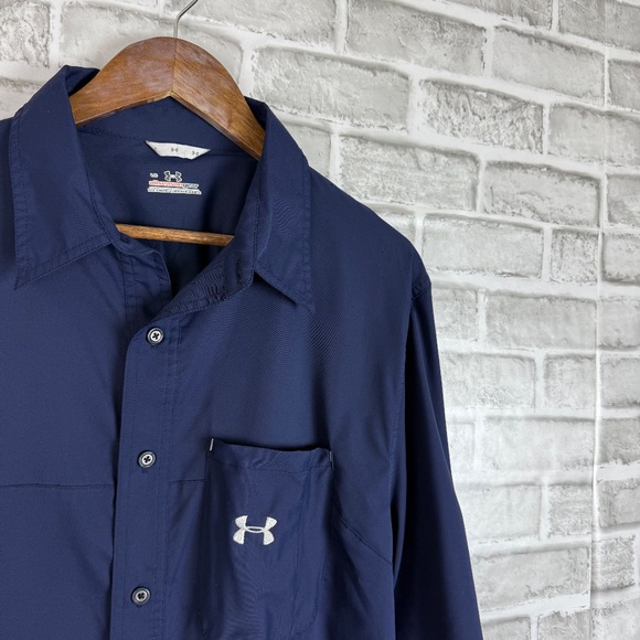 Under Armour All Seasons Navy Blue Polyester Long Sleeve Button Up Shirt LARGE - Picture 2 of 9